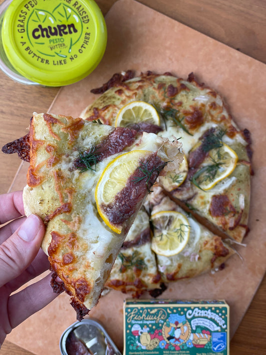 Pizza with Pesto Butter, Anchovy & Lemon!