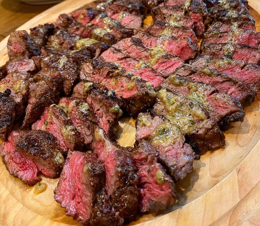 Grilled ribeye caps with Churn Garlic and Shallot butter