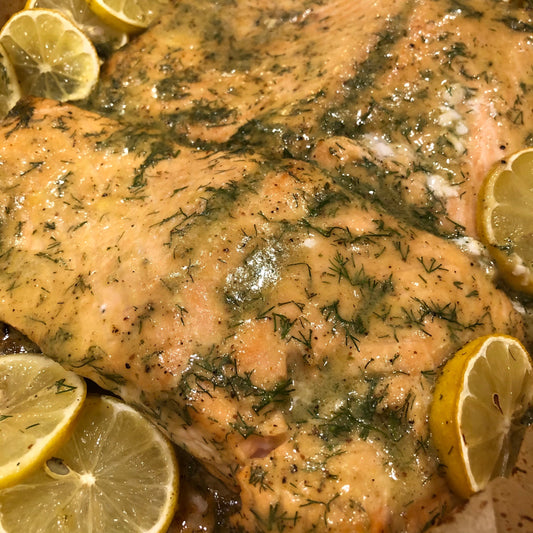 Honey Mustard Dill Salmon with Garlic and Shallot Butter