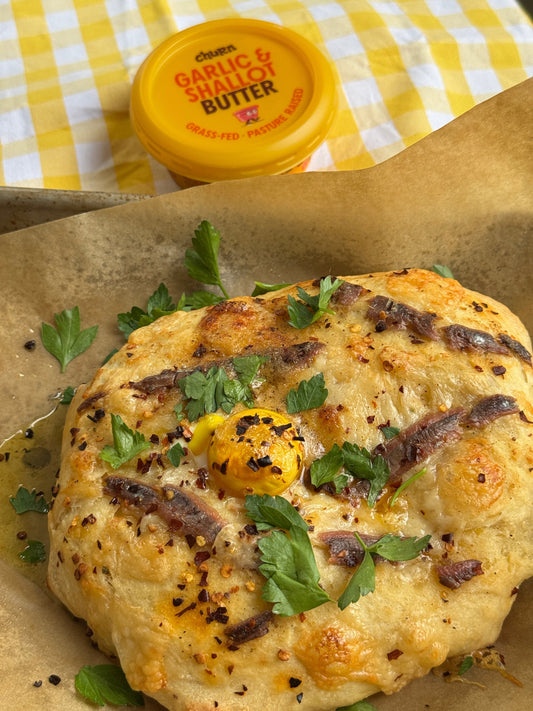 Garlic & Shallot Butter Flatbreads with Anchovies & Jammy Eggs