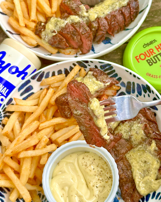 Grilled Bavette Steak Frites with Four Herb Butter