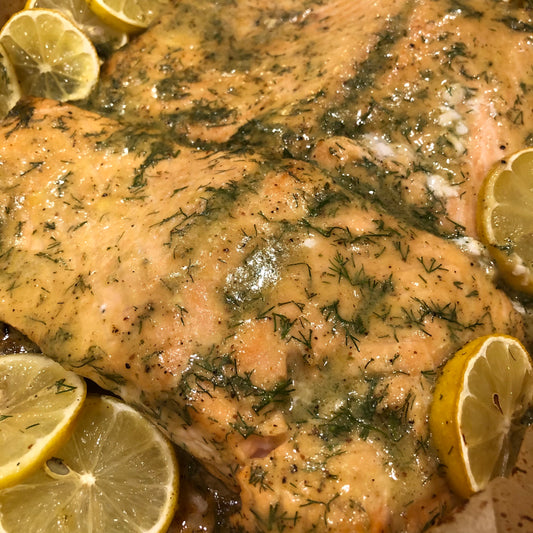 Honey Mustard Dill Salmon with Garlic and Shallot Butter